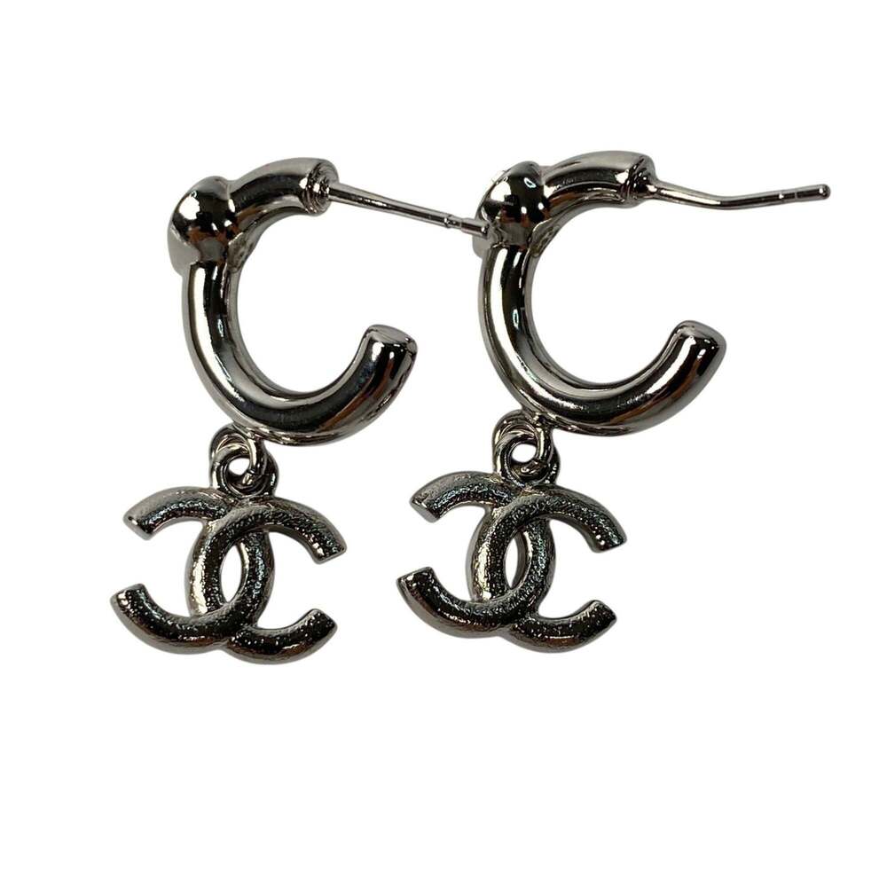 CHANEL Authentic Silver Logo Earrings - Picture 5 of 9